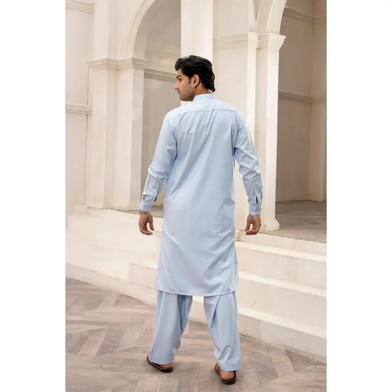 BS-SKY BLUE EMB - Kurta shalwar with simple self to self embroidery detailing around the neck line in soft polyester v 2