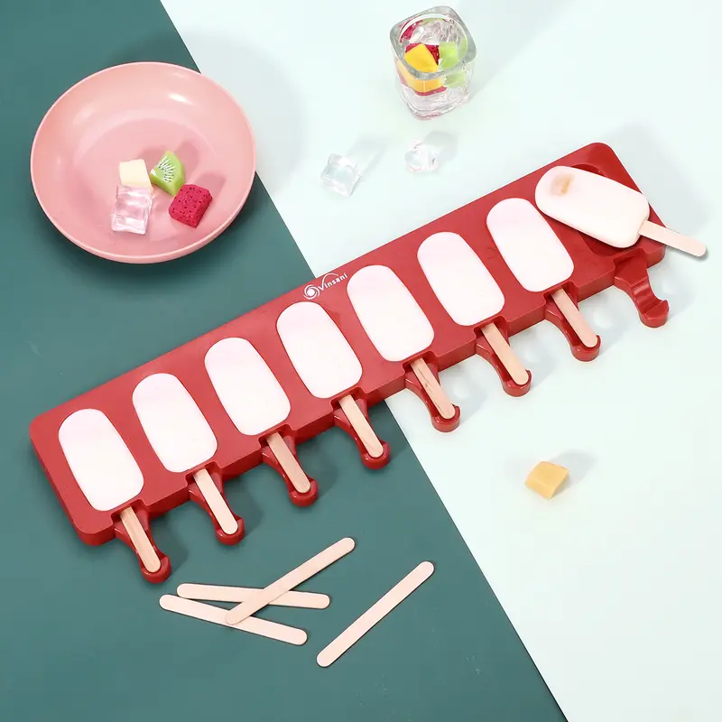 Vinsani Ice Lolly Moulds Silicone 8 Cavity Ice Cream Lolly Mould, Ice Lolly Makers with 50 Sticks, Food Grade BPA Free Ice Cream Mould for Frozen Popsicle Tray DIY Layer Ice Cream Lolly Tray - Red 1