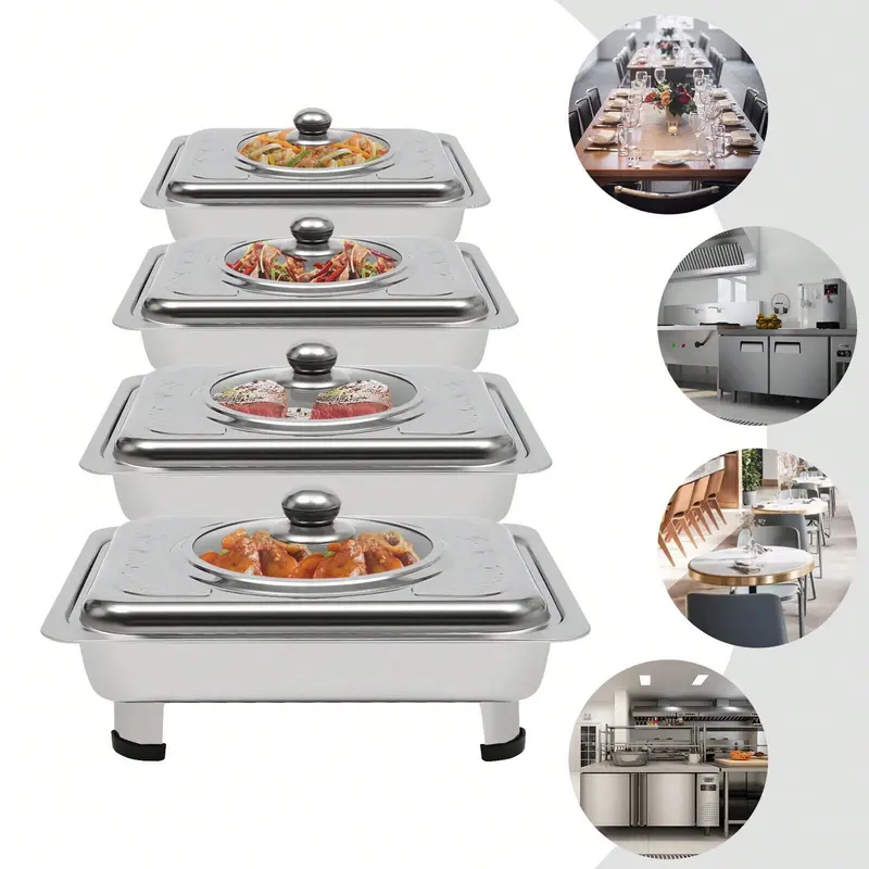 4X Buffet Tray Chafing Dish Food Warmer Rectangular Food Plate Stainless Steel, Ideal For Parties, Events, Buffets, Picnics, Weddings, Banquets, And Other Professional Catering Services Or Home Use 0