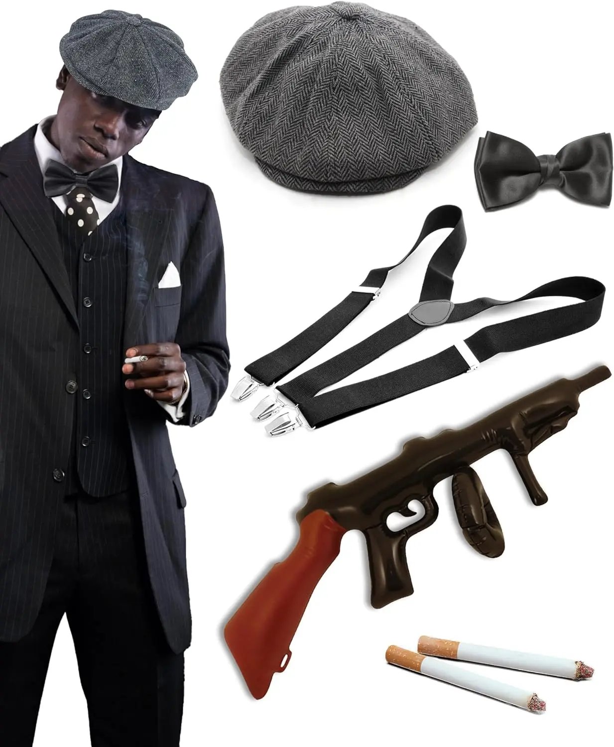 Men's 1920s Gangster Gatsby Mafia Fancy Dress Costume for Hen/Stag Night Theme Party Dress Up | Peak Cap + Braces + Black Bow Tie + 2x Fake Props + Inflatable Tommy Gun Menswear Outfit Clothing Matching Polyester Straight Beige