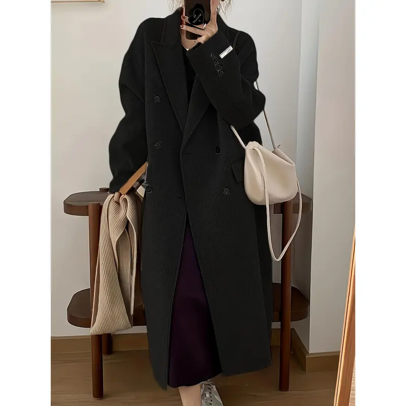 Elegant Double-Breasted Long Sleeve Mid-Length Overcoat - Wool & Blends Outerwear for Fall & Winter - Women's Stylish Lapel Collar Coat for Cold Weather 1