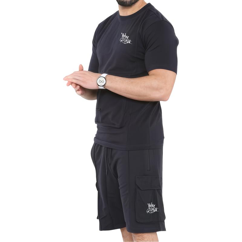 Mens Short Sleeve Short & T-Shirt Set Gym Jogging Lightweight Sweat Top Tee Chest Pocket Cargo Fleece Shorts 4