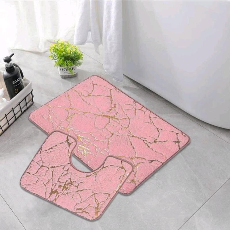 STUNNING LUXURY NON SLIP WATER RESISTANT 2 PIECE MARBLE EFFECT BATH MAT SET 50×80cm mat and toilet cover 4