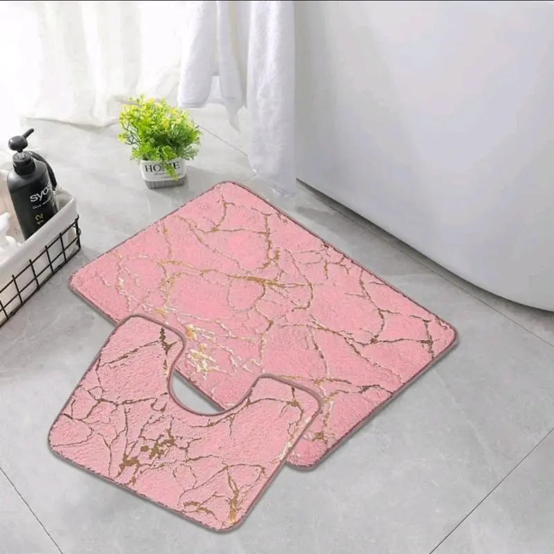 STUNNING LUXURY NON SLIP WATER RESISTANT 2 PIECE MARBLE EFFECT BATH MAT SET 50×80cm mat and toilet cover 4