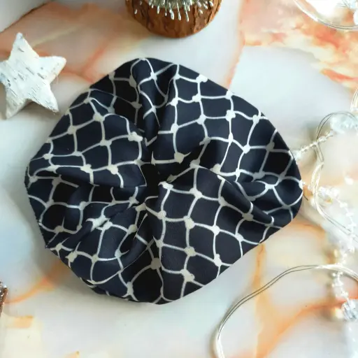 "Sage" Black & Cream Net Print Hair Scrunchie