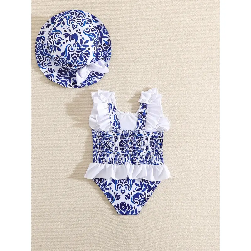 1pc Baby Girl One-Piece Swimsuit With Hat 1
