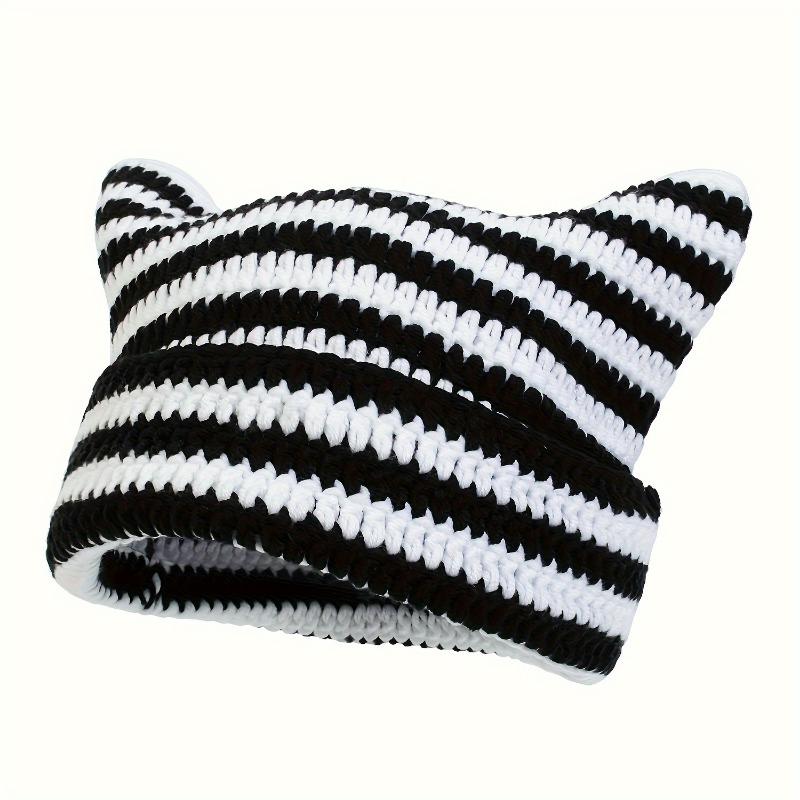 1pc Little Devil Cat Ear Pure Handmade Crochet Knitting Bean Hat, Unisex Outdoor Street Casual Fashion Hip-hop Hat, Cool Versatile Hood 1