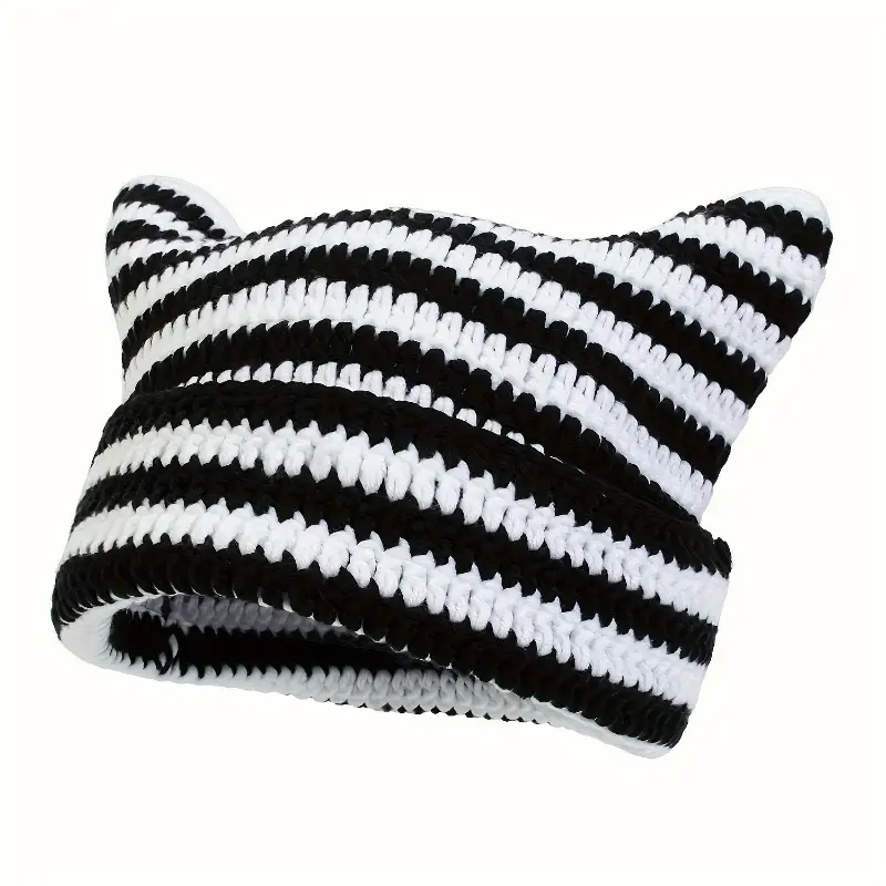 1pc Little Devil Cat Ear Pure Handmade Crochet Knitting Bean Hat, Unisex Outdoor Street Casual Fashion Hip-hop Hat, Cool Versatile Hood 1