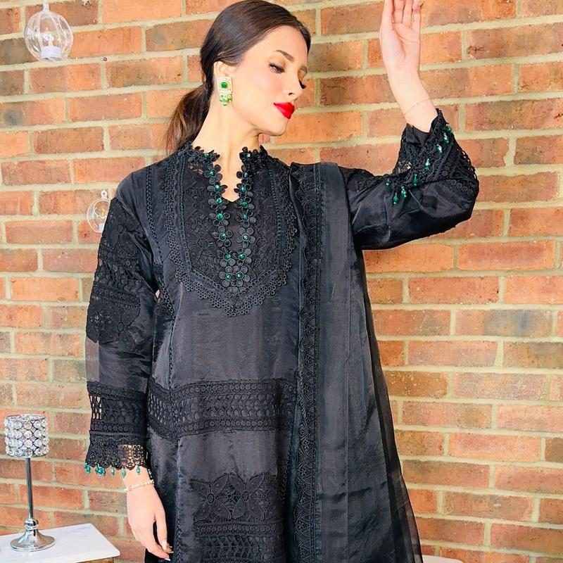 BLACK FRIDAY SPECIAL - BLACK ORGANZA HEAVY CROCHET AND LACE DETAILED 4PC WITH GREEN CRYSTAL DETAILING, FORMAL WOMENSWEAR LONG HEAVY DUPATTA, CAPRI TROUSERS WITH LONG ORGANZA KAMEEZ and a FULL SLEEVES LINING Traditional Outfit Comfortable Womenswear Dress 8