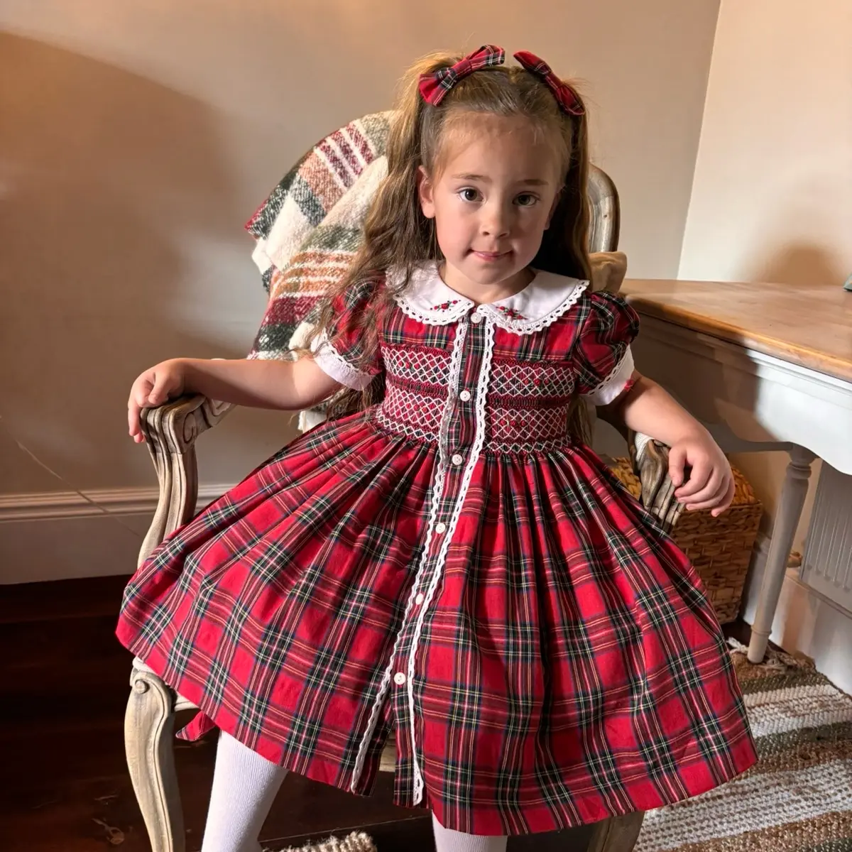 Red Tartan Christmas Smocked Girls Dress with Matching Socks and Bows