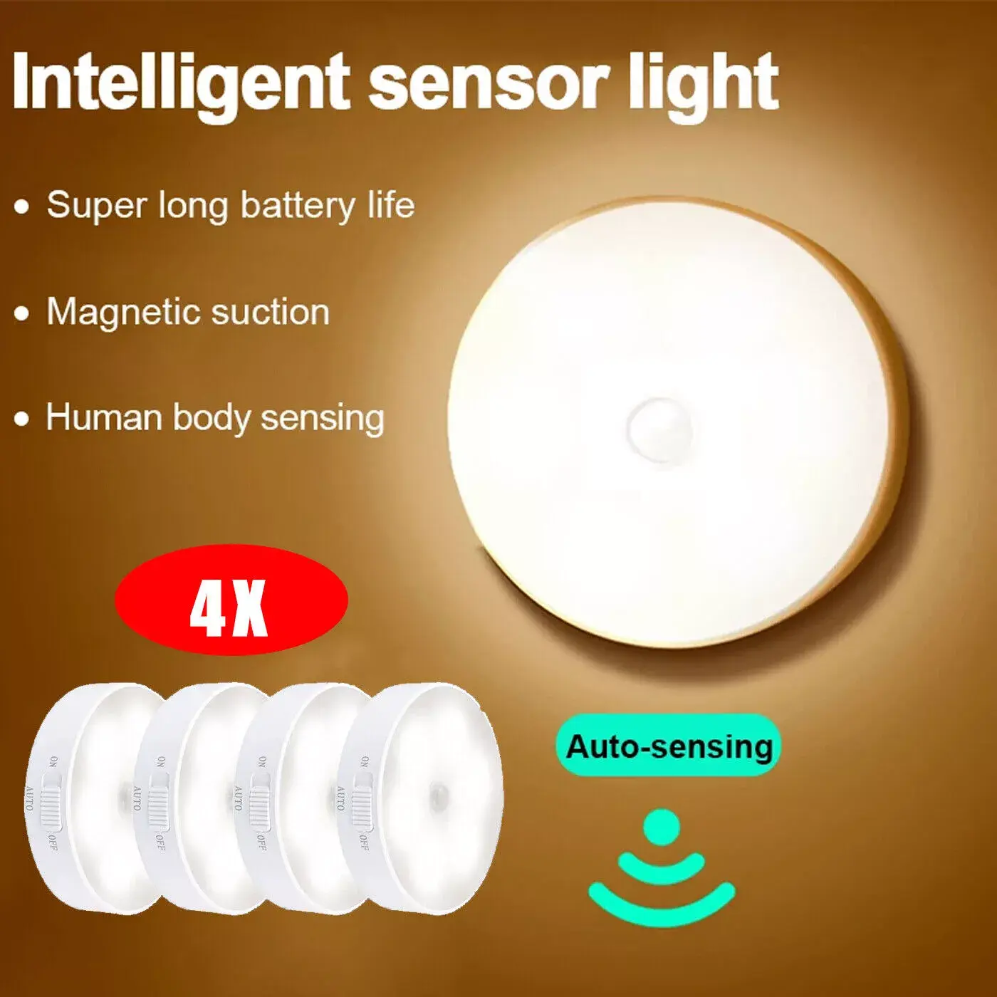 4x LED Motion Sensor Light PIR USB Recharging Wireless Wall Cabinet Stair Night