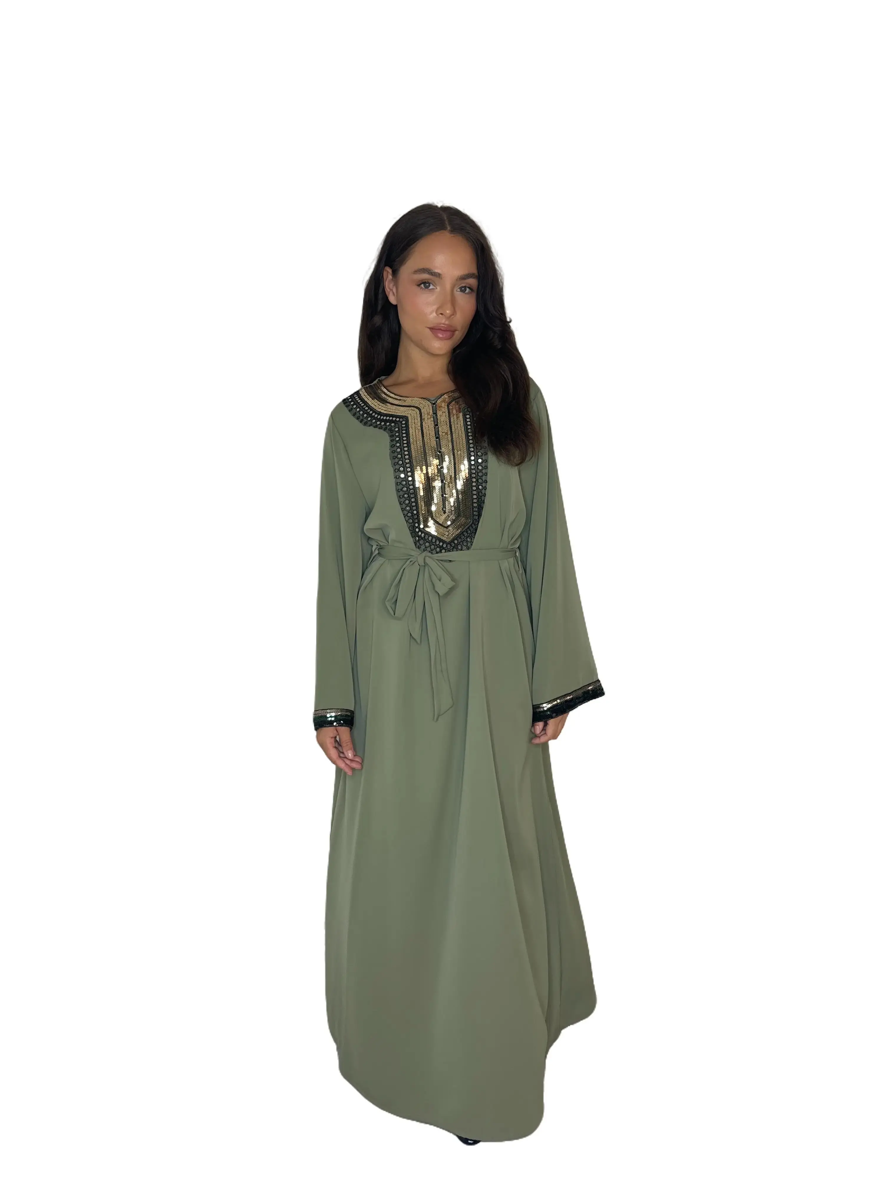 Elegant Embellished Detail Tie Up Waist Long Sleeve Maxi A-Line Dress for Women Casual Comfort Chic Womenswear