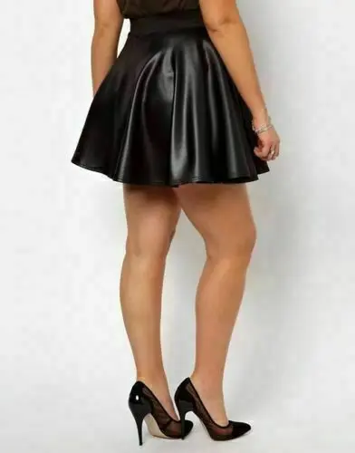 Plus Size Ladies Black Wet Look Faux Leather Mini Skater Skirt Casual Womenswear Bottom Chic Style Underwear Lady Comfort Fit Basic Minimalist 2