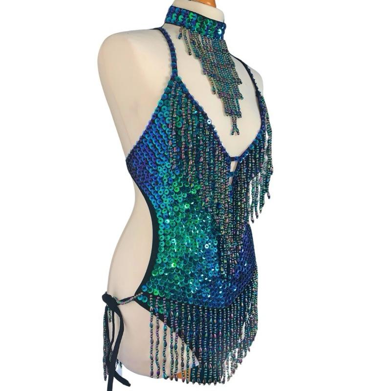 Mermaid Green Sequin Tassel Leotard for Women - Festival Fashion & Dance Costume - Comfortable, Statement, Stitch, Fits, Medium, Piece 3