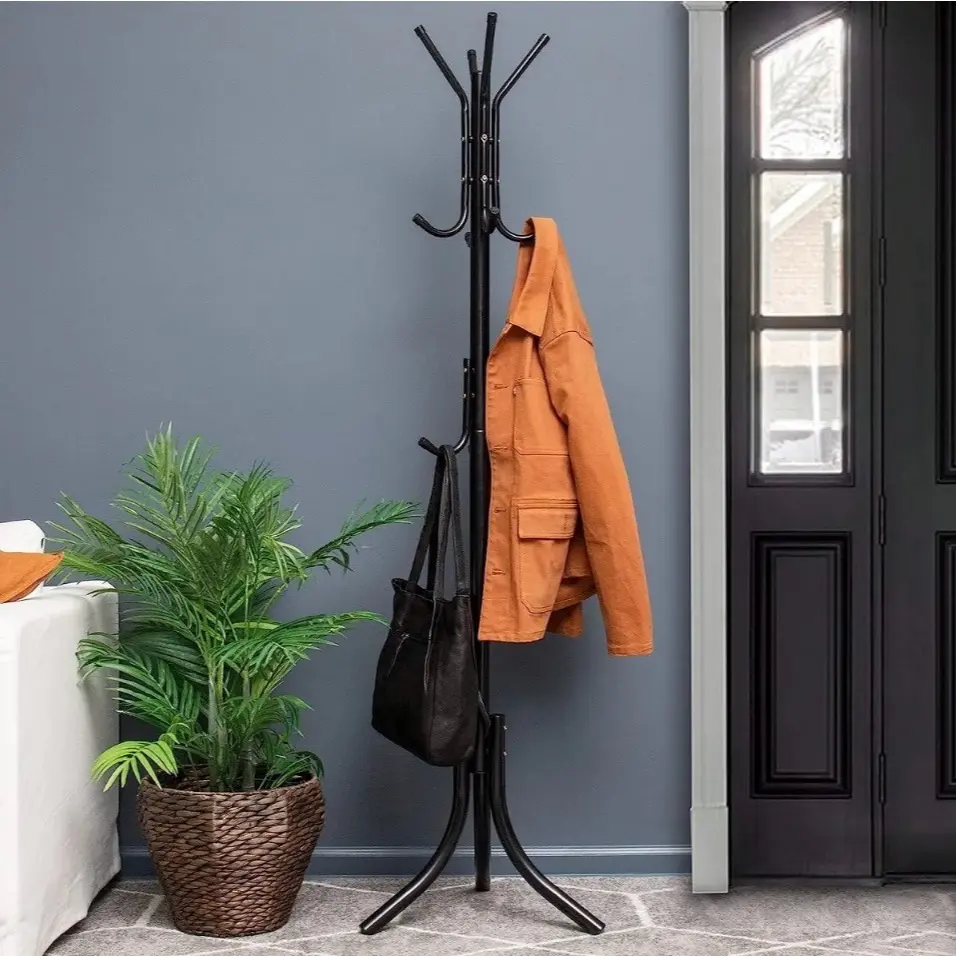 Coat Rack Standing Metal Hat Hanger 12 Hook for Jacket Umbrella Tree Stand Black