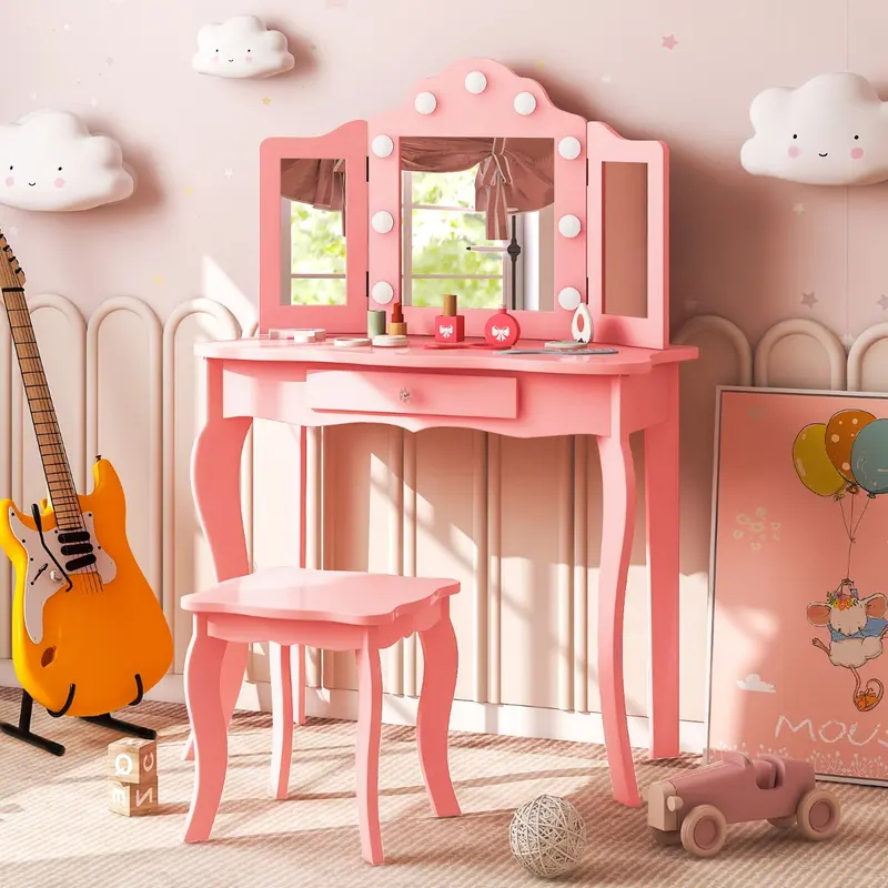 COSTWAY Kids Vanity Table and Stool Set with Real Glass Tri-Folding Mirror and Drawer 1