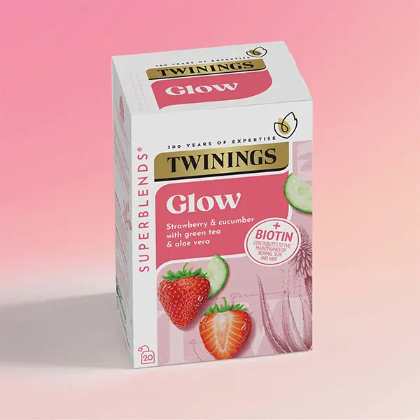 Twinings Superblends Glow - 4 x 20 Envelopes. Strawberry and Cucumber Infusion with Green Tea, Aloe Vera and added Biotin Beverage Drinks