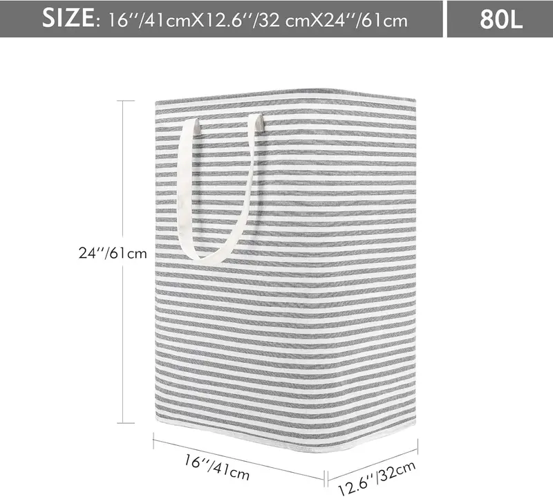 80L Freestanding Laundry Hamper with Handle, Collapsible Large Cotton Storage Basket for Clothes (Grey) 2