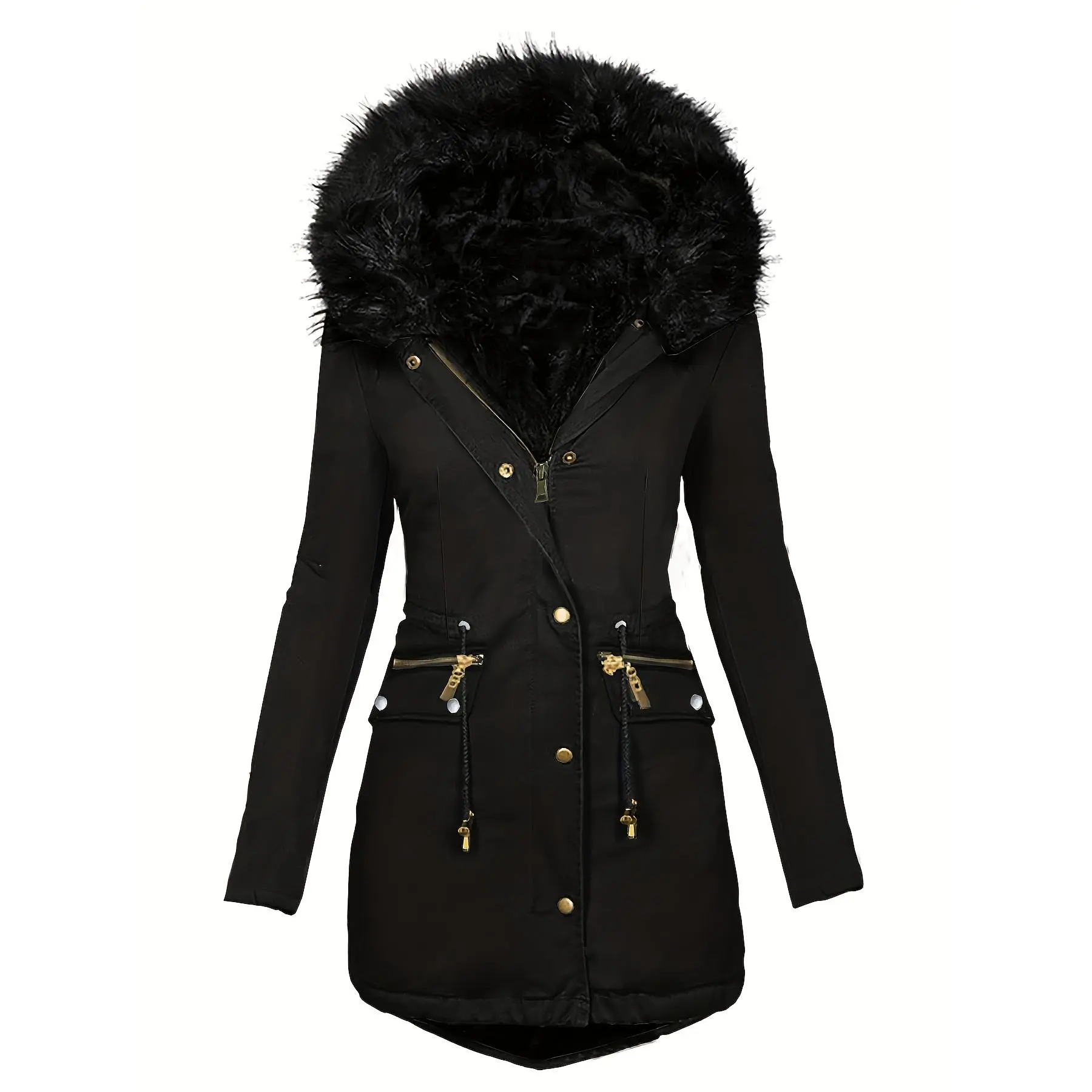 Faux Fur Hood Drawstring Parka Coat, Zip Up Button Front Pocket Thermal Overcoat, Women's Clothing