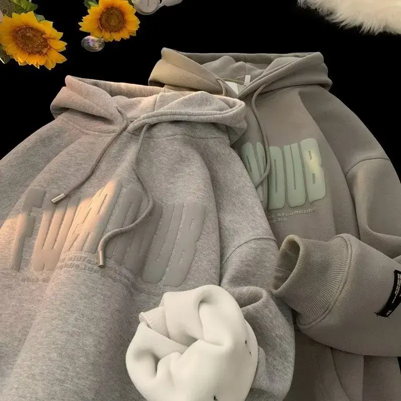 2025 new autumn and winter oversized and thickened English letters men's loose hooded wool hoodie hoodies  hoodie