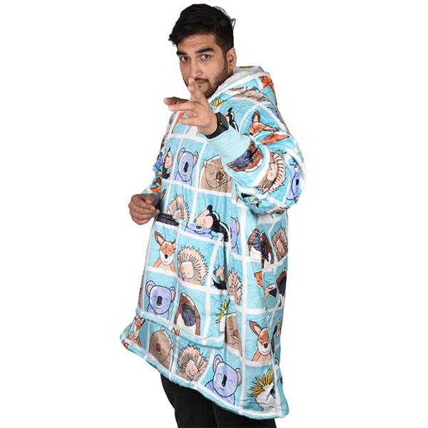 Mens Womens Oversized Animal Box Sherpa Fleece Blanket Hoodie cold wash black 1