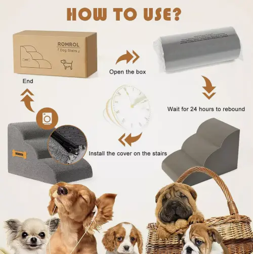 Grey Dog Stairs Pet For Bed Sofa Cats Ladder Ramp With Removable Cover Portable 4