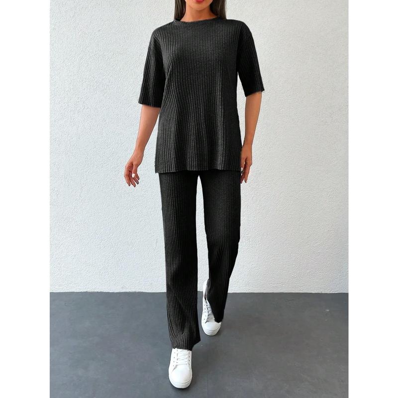 Women's BottomsSolid Drop Shoulder Tee & Trousers[S12] womens  trousers baggy  pants  women going  out  jeans summer  denim wide  leg  stretch jersey paper  waist jaded london  melona  skirt hot ruffle  shorts 0