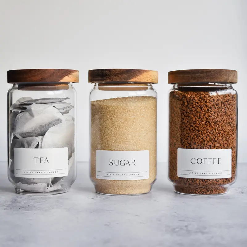 Set of 3 Acacia Glass Jars Tea, Coffee and Sugar 750 ML | Tea Coffee Sugar Canisters [LABEL SLIM] Airtight Containers 6