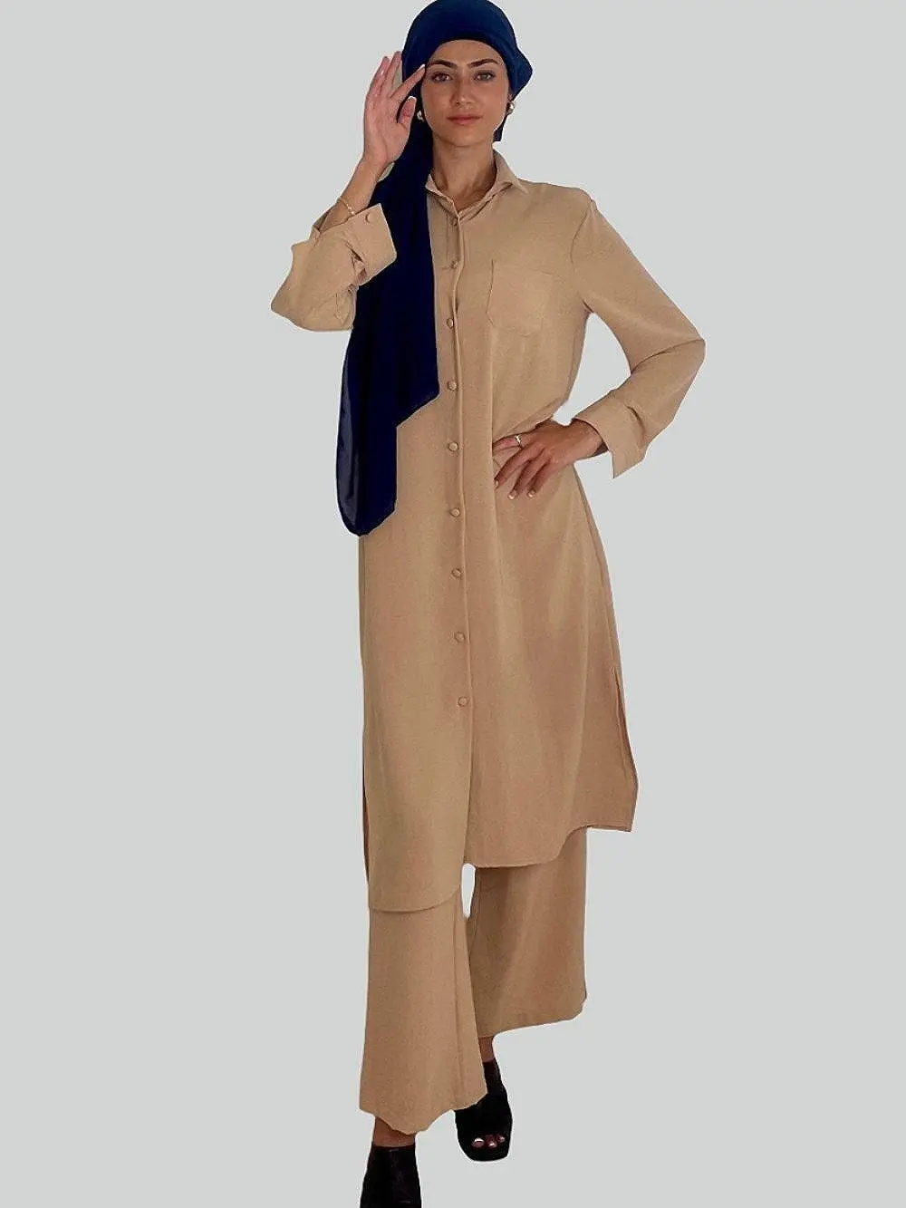 Women's Classic Longline Button Down Shirt and Wide Leg Trousers Coord Set for a Stylish Look - Bottoms, Womenswear Casual Chic