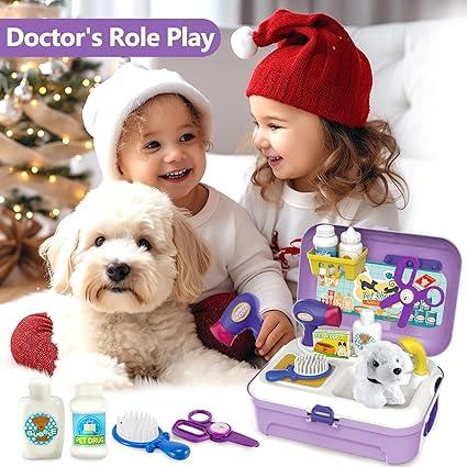 Kids Vet Kit Dog Grooming Toy Pet Care Role Play Games Animal Dolls Pretend Play Pet Carrier Set Toys 3 4 5 Year Old Girls Boys Children Gifts 1