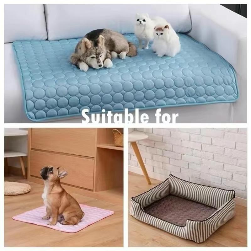 Pet Cooling Pad: crafted for your furry friend's comfort. Our Dog Ice Silk Bed Mat offers a washable and reusable solution, perfect for both outdoor adventures and indoor relaxation. Keep your pet cool and content, no matter the weather. 1