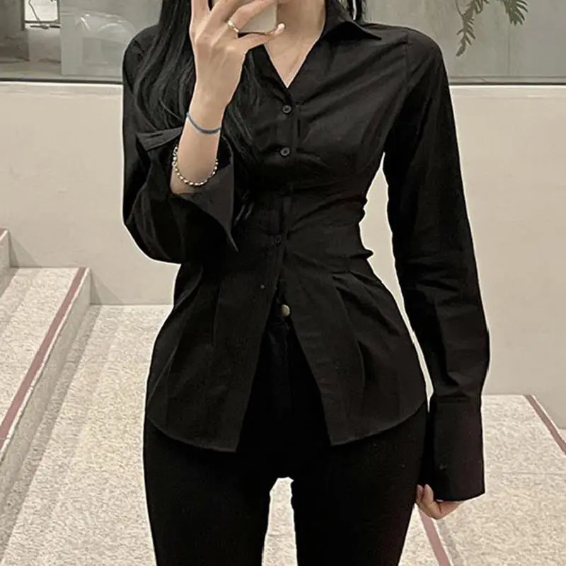 MEXZT Y2K Women Slim Blouses Office Lady Fashion Long Sleeve Folds Chic Shirt Vintage Streetwear Korean Sexy Skinny Casual Tops 8