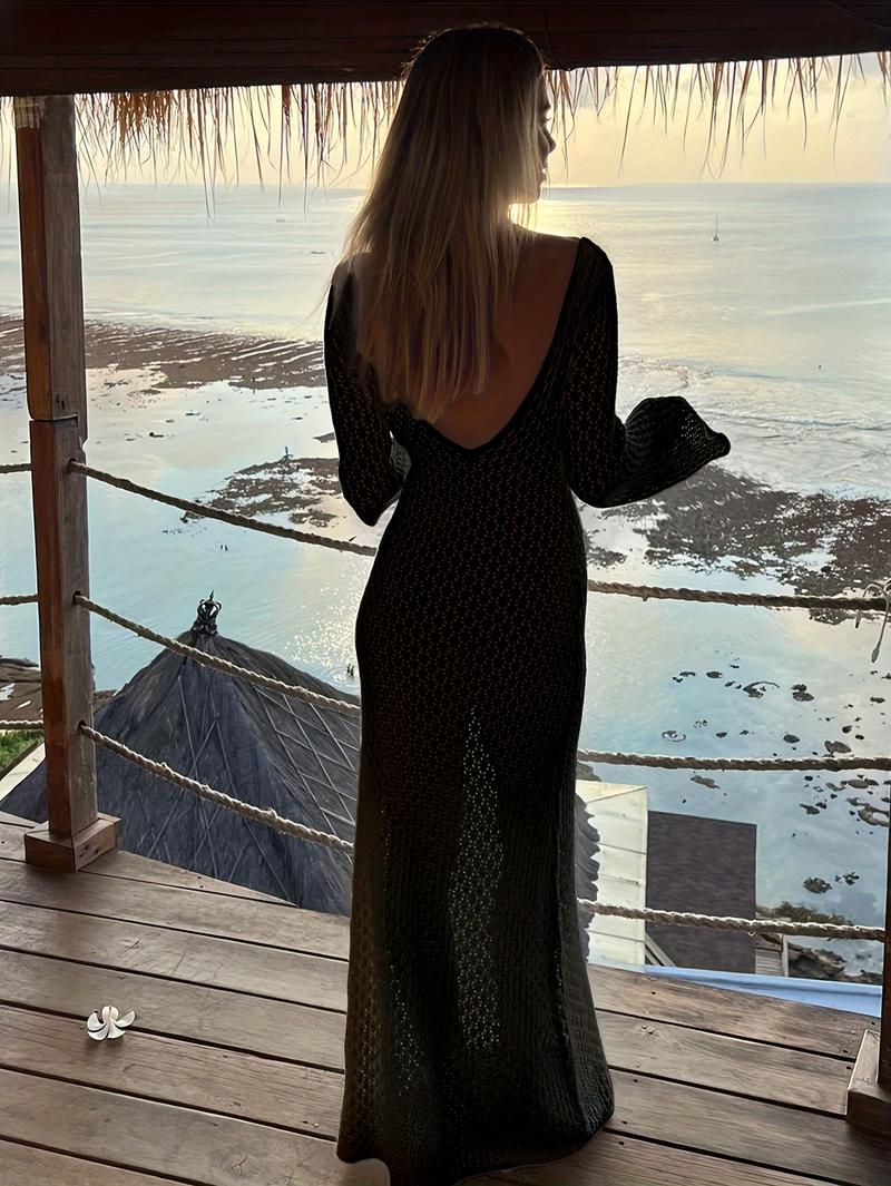Product Introduction of Women White Long Knit Sleeve Bikin Fashion Cover up Female See-Through Deep V-Neck Hollow-Out Beach Knitwear Backless Dress 6