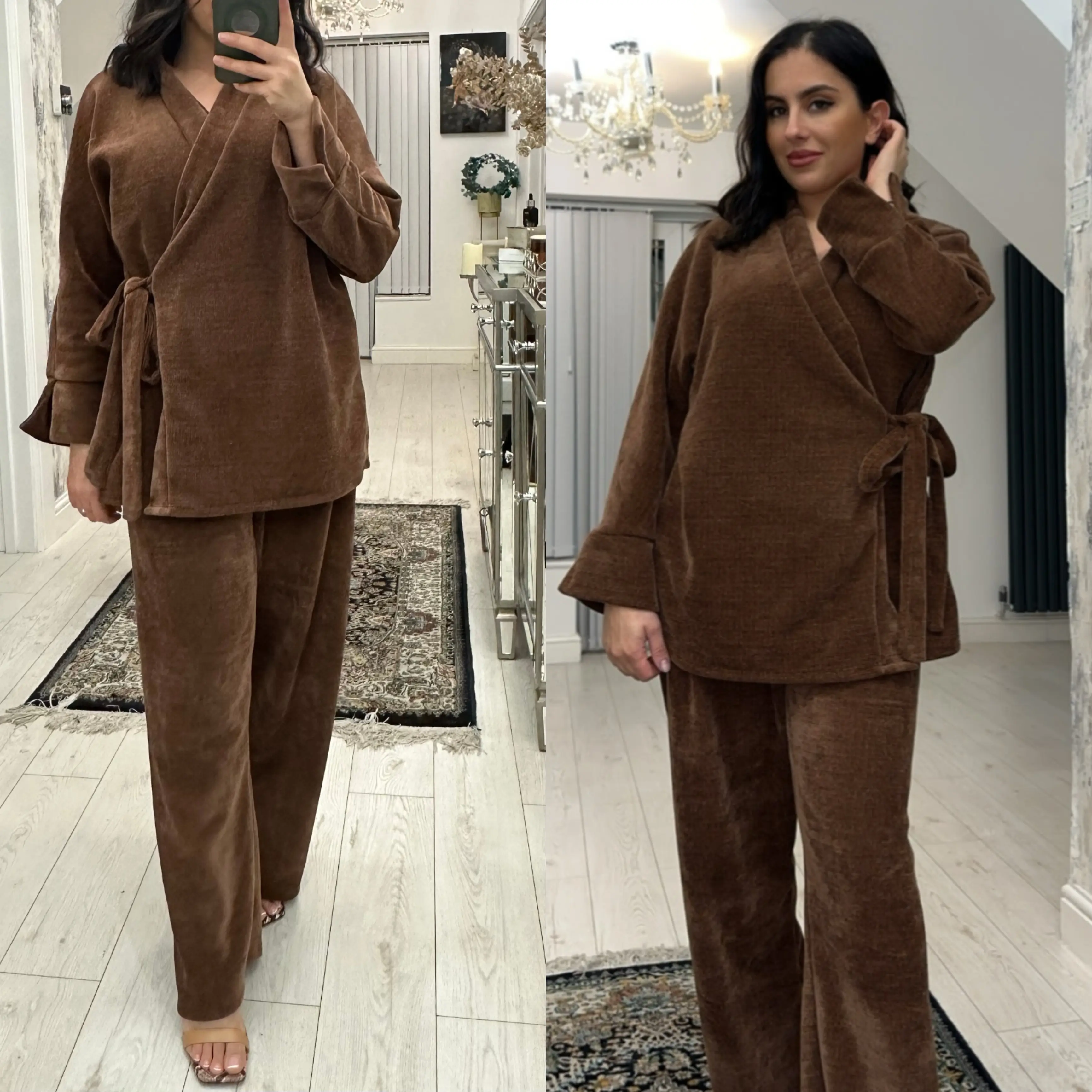Women’s Velour Co-ORD- Kimono Style Top with Side Tie Knot, Wide Leg Trouser, Plain Long Sleeve Two-Piece Set  Size 8 to 14