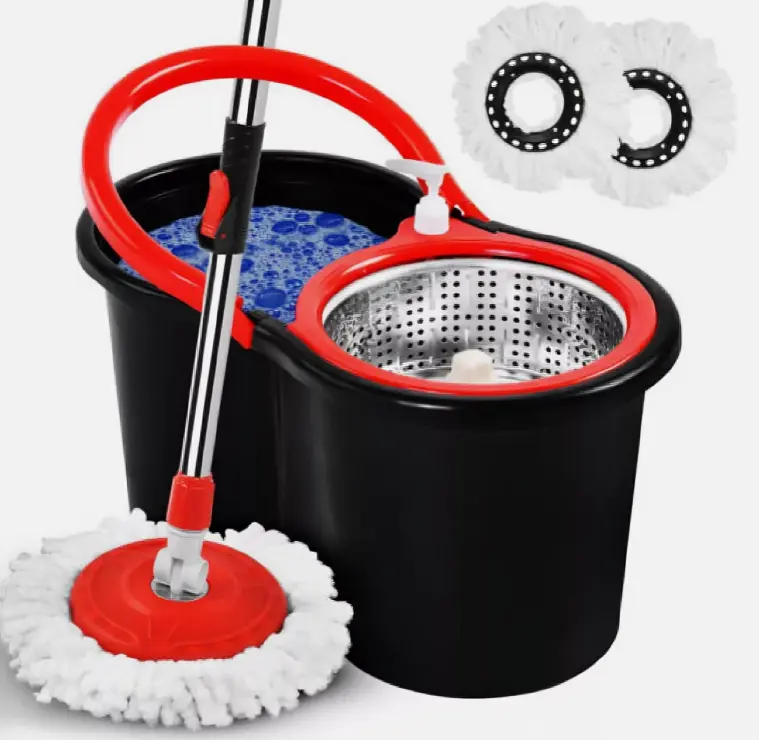 360° Floor Magic Spin Mop Bucket Set with Microfibre Rotating Heads - Perfect for Christmas Cleaning! - Includes 2 Mop Heads Wooden Steel with bucket water absorbent Stainless