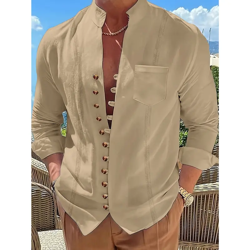 Men's Solid Ethnic Style Band Collar Jacket For Spring Summer, Stylish Casual Cotton Shirt For Males 2