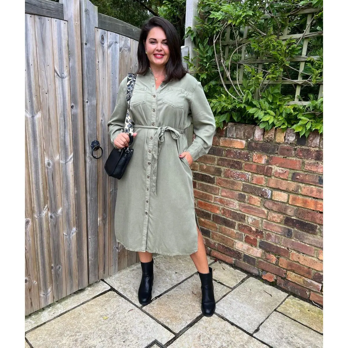 Khaki Tencel Belted Midi Shirt Dress
