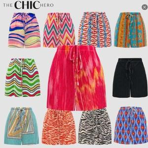 ChicHero Multi Print Elastic Waist Pleated Shorts with Comfort Fit and Drawstrings Womenswear Bottom Breathable Garment Light Solid Summer Wave