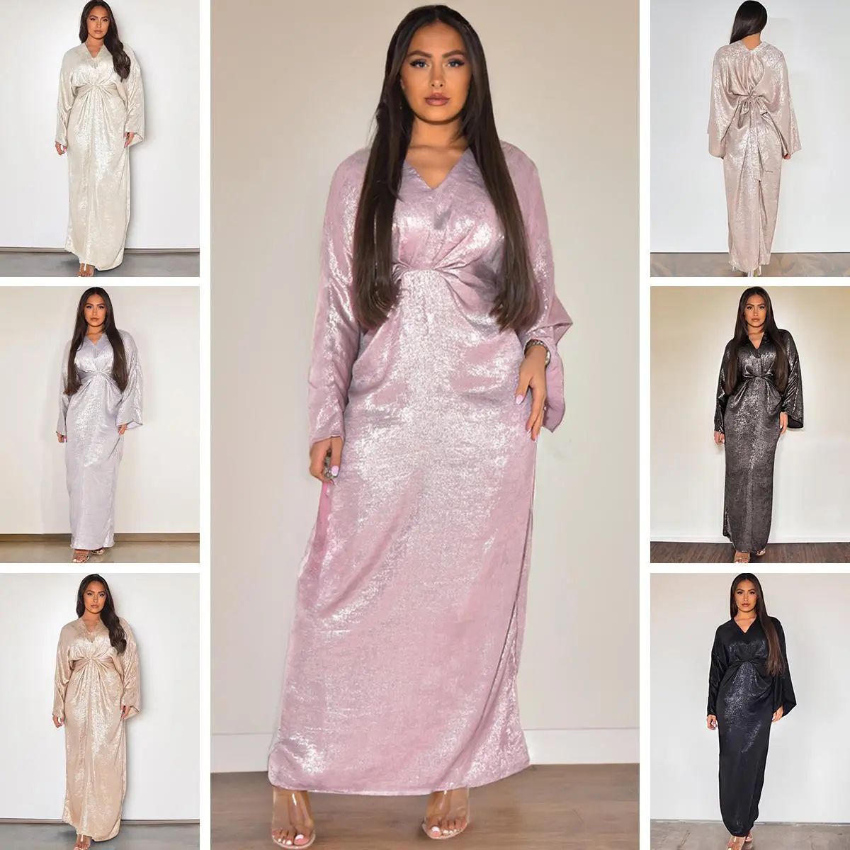 Women's Muslim Fashion V Neck Twisted Ruched Long Sleeve Iridescent Abaya Dress,Plain Thin Waist Maxi Dress for Spring & Fall Daily Streetwear Holiday,Muslim Fashion Abaya,Islamic Clothing for Daily Wear,Modest Womenswear