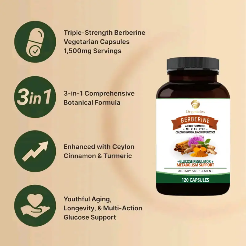 Berberine 1500mg High Strength with added Turmeric, Ceylon Cinnamon, Milk Thistle and Black pepper extract - 120 Vegan Capsules Dietary Supplement 1