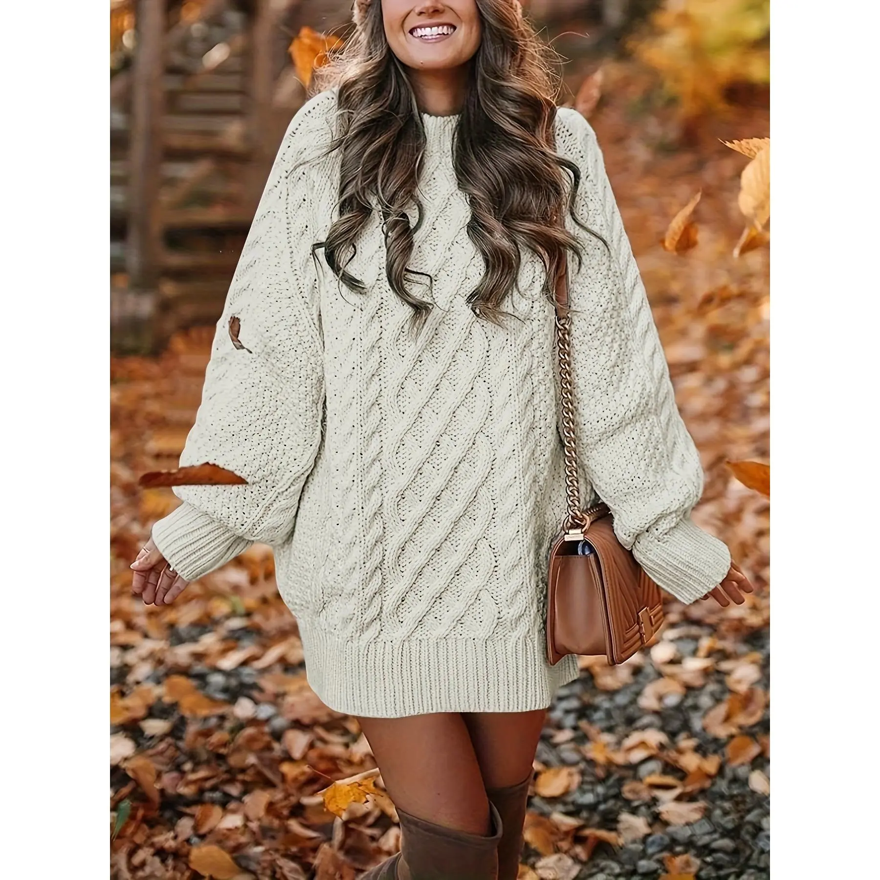 Cable Knit Long Sleeve Dress, Casual Solid Color Crew Neck Loose Knitted Dress, Women's Clothing