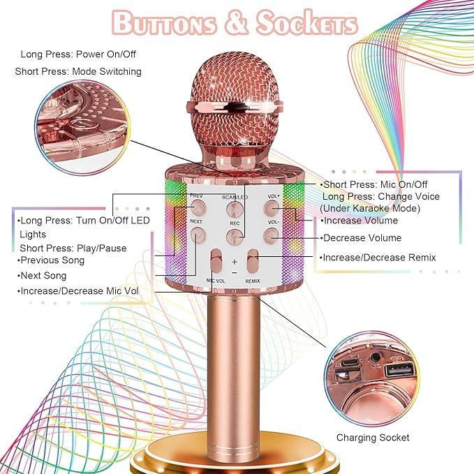 Wireless Bluetooth Karaoke Microphone with Led Lights Portable Handheld Singing Karaoke Speaker Machine Toys Gifts for Kids Adults - Rose Gold 4