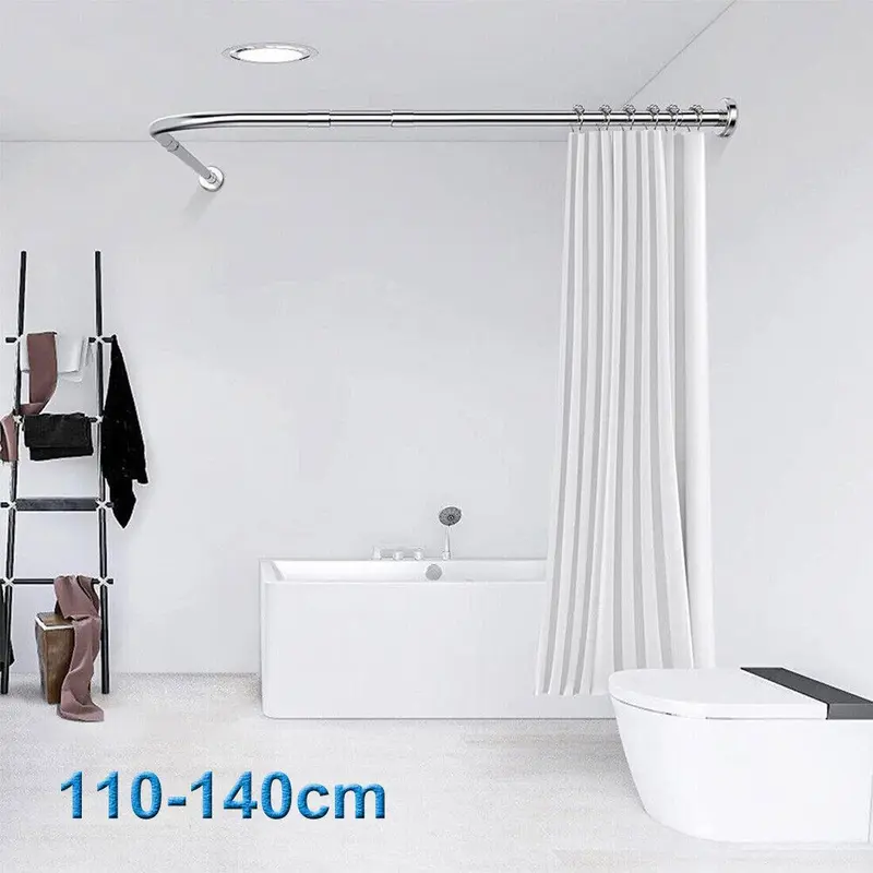 Stretchable Stainless L Shaped Pole Bathroom Corner Shower Curtain Rail Rack Rod Set Steel Installation Adjustable 0