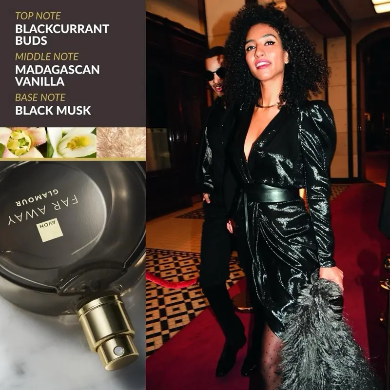 Far Away Glamour Eau De Parfum - 50ml. Make an entrance with the unique and rare scent of fruity blackcurrant buds. Creamy Madagascan vanilla sits at the heart of the fragrance. The base is composed of velvety & sensual black musk.