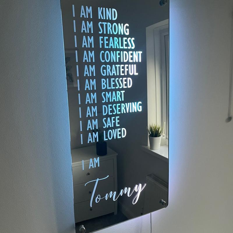 Custom Affirmations LED Name Mirror | Personalised Light Up Mirror Sign | Light Up Wall Sign | I AM Mirror | Multiple Colour Options | Remote Included 0