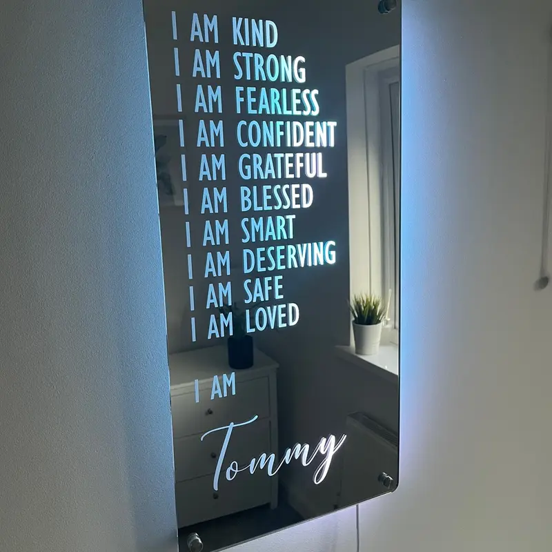 Custom Affirmations LED Name Mirror | Personalised Light Up Mirror Sign | Light Up Wall Sign | I AM Mirror | Multiple Colour Options | Remote Included 0