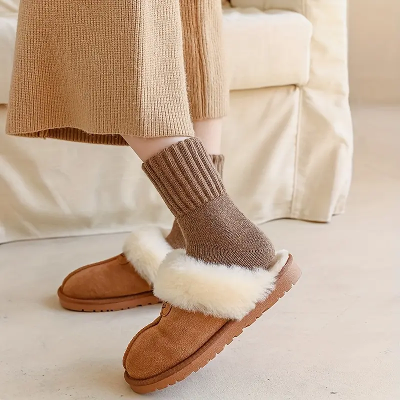 Product Introduction of A&H     Women's Soft and Cozy Thick Terry Snow Socks (5 Pairs) - Mid-Calf Length, in Beige and Brown Solid Colors, Polyester Blend, Perfect for Cold Weather, Adorable and Warm 2
