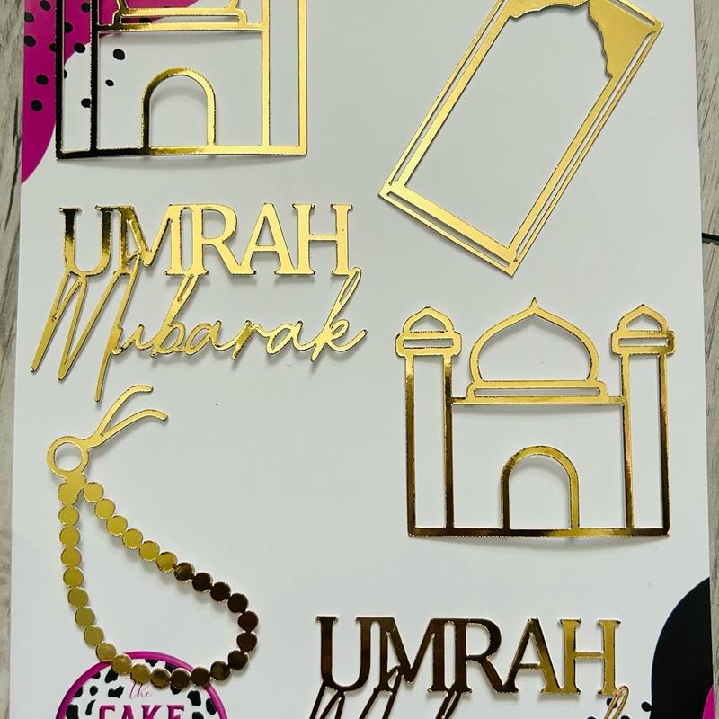 Umrah Mubarak Mixed Cupcake Topper Set with Mosque, Prayer Mat, Prayer Beads, and Tasbih - Ornaments, Decor Metallic Gift 2