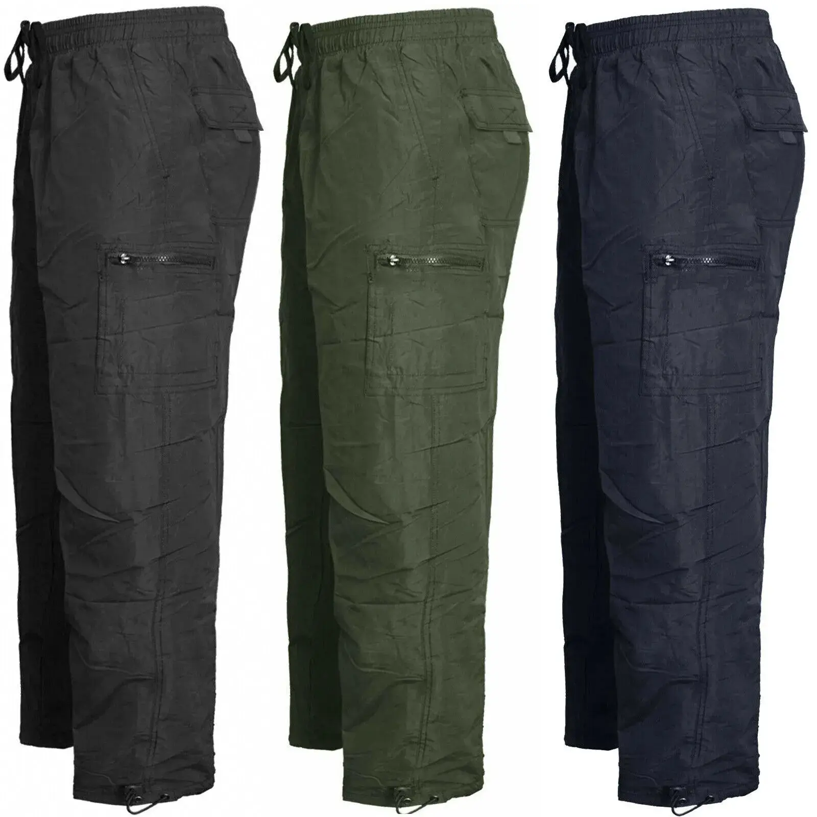 MENS FLEECE LINED THERMAL TROUSERS ELASTICATED WAIST WINTER CASUAL CARGO PANTS Menswear Pocket Khaki Polyester Plain plush men