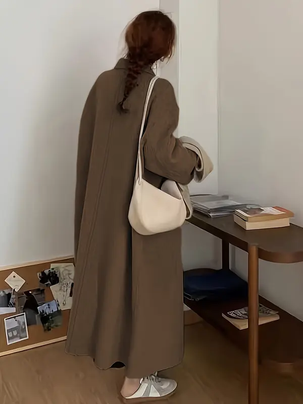 Elegant Double-Breasted Long Sleeve Mid-Length Overcoat - Wool & Blends Outerwear for Fall & Winter - Women's Stylish Lapel Collar Coat for Cold Weather 8